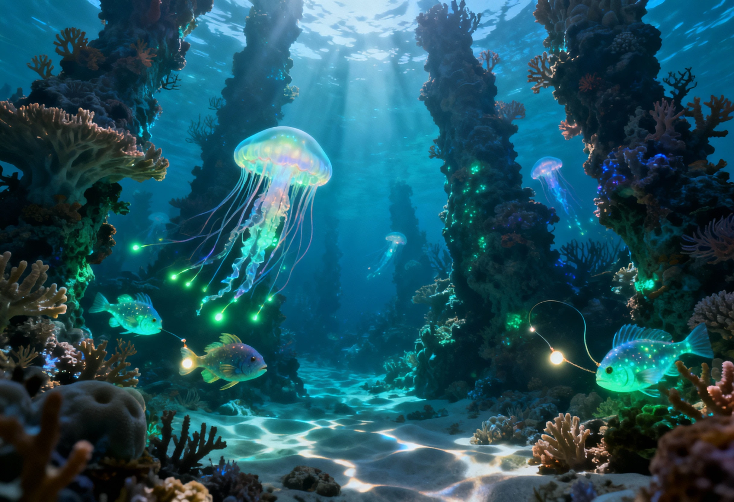 Fantastical underwater city of glowing bioluminescent creatures