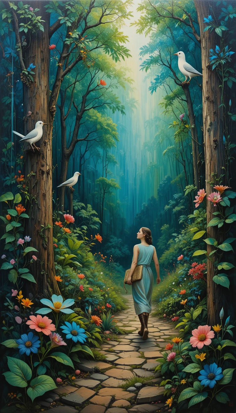 Femme marchant dans une forêt verte dans une peinture en techniques mixtes
