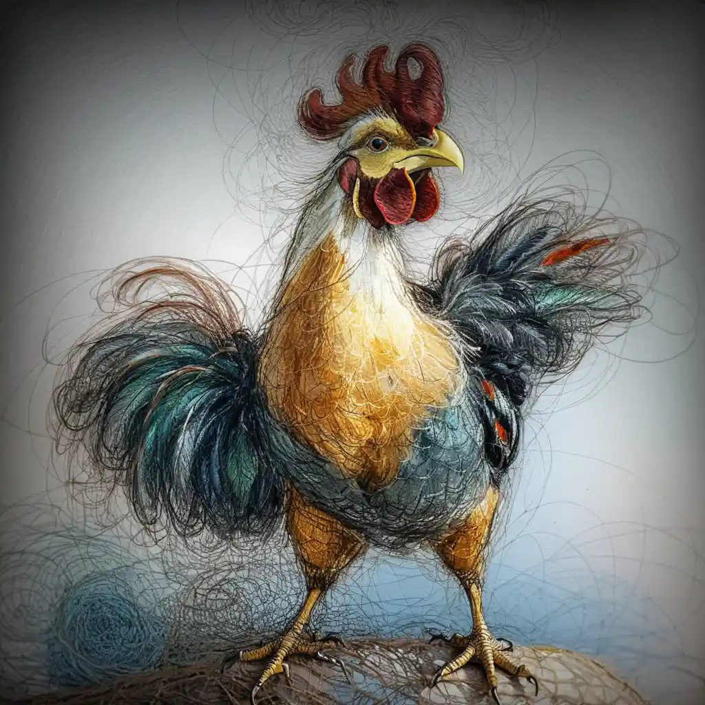 Gallo antropomorfo malinconico che cammina in un'illustrazione a inchiostro