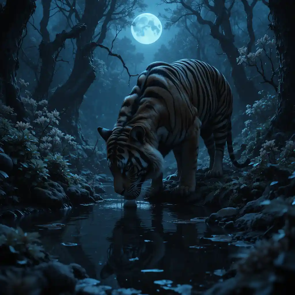 Black striped tiger drinking from a moonlit enchanted forest pool