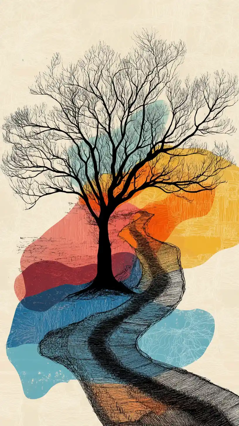Abstract line art tree and winding path with lone figure