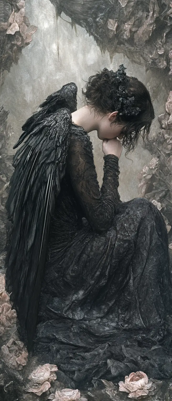 Fallen angel woman in a sorrowful victorian starry garden
