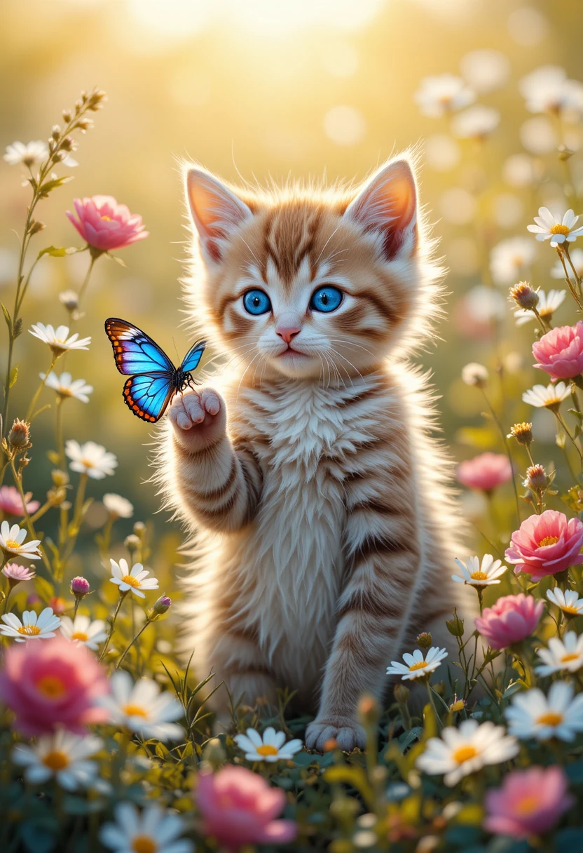 野の花の中でカラフルな蝶を見つめる遊び好きな子猫