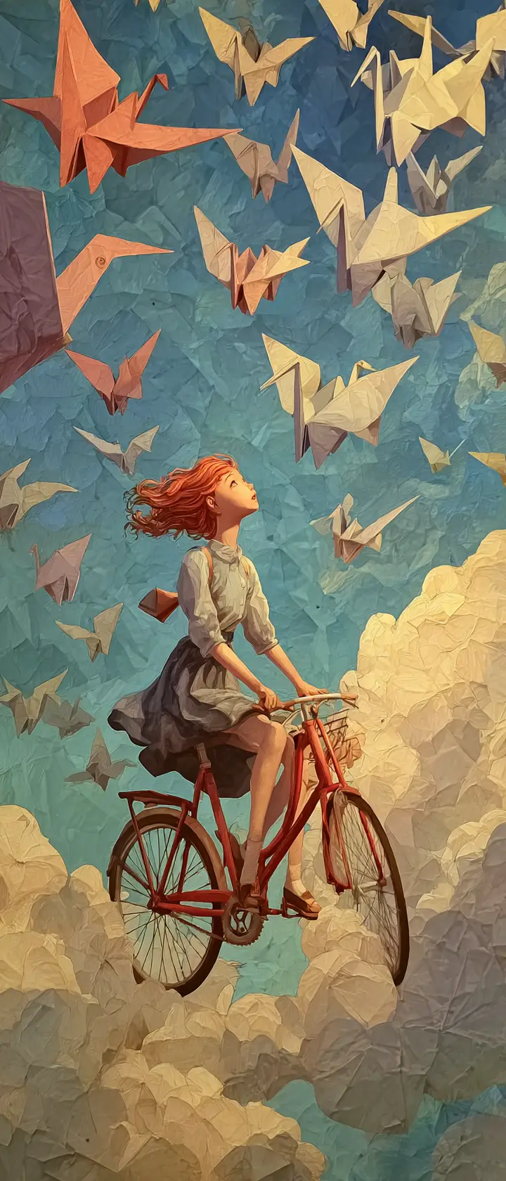 Young girl riding a bicycle through a surreal origami sky