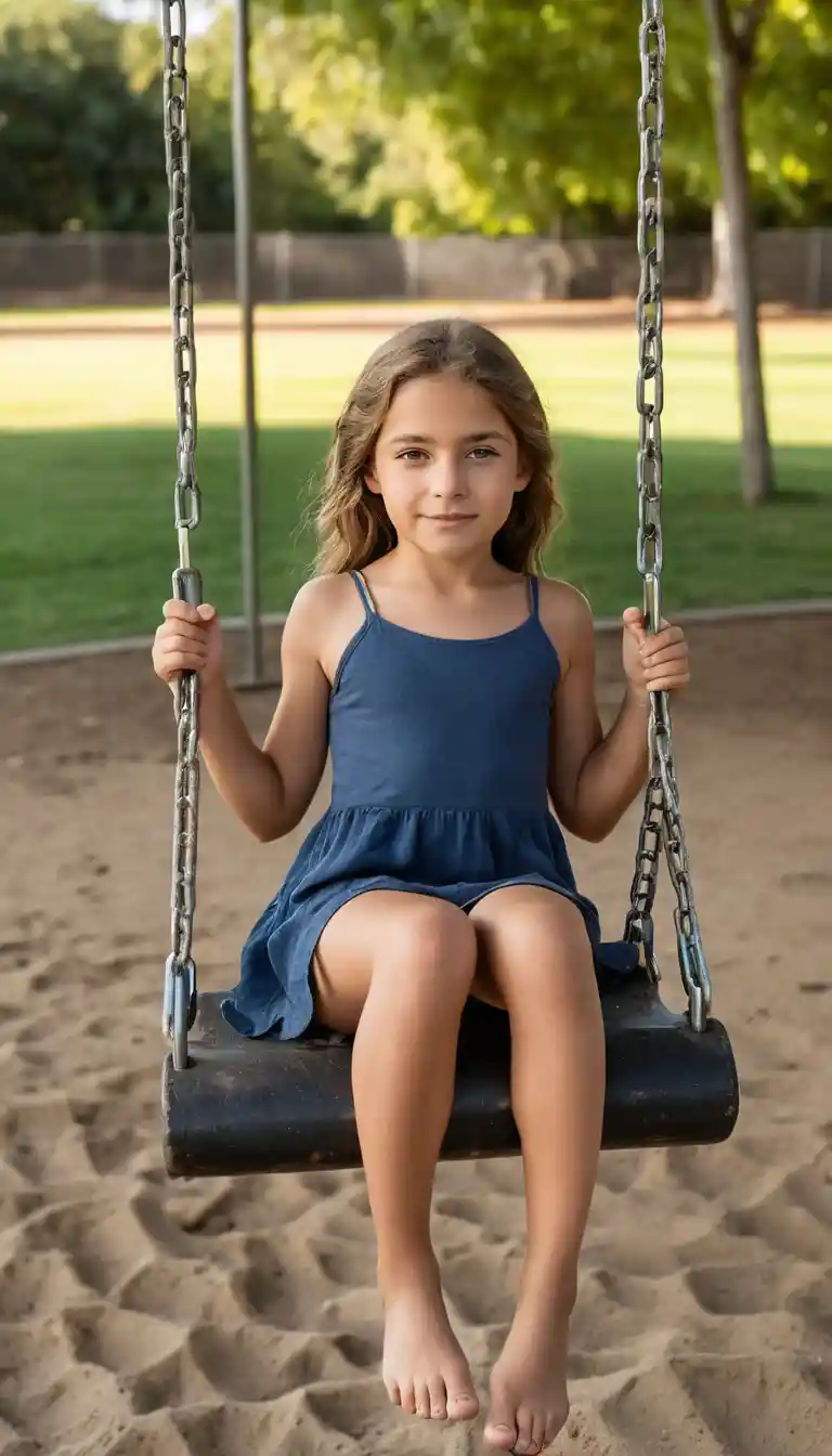Junges Mädchen sitzt auf einer Schaukel auf einem sonnigen Spielplatz