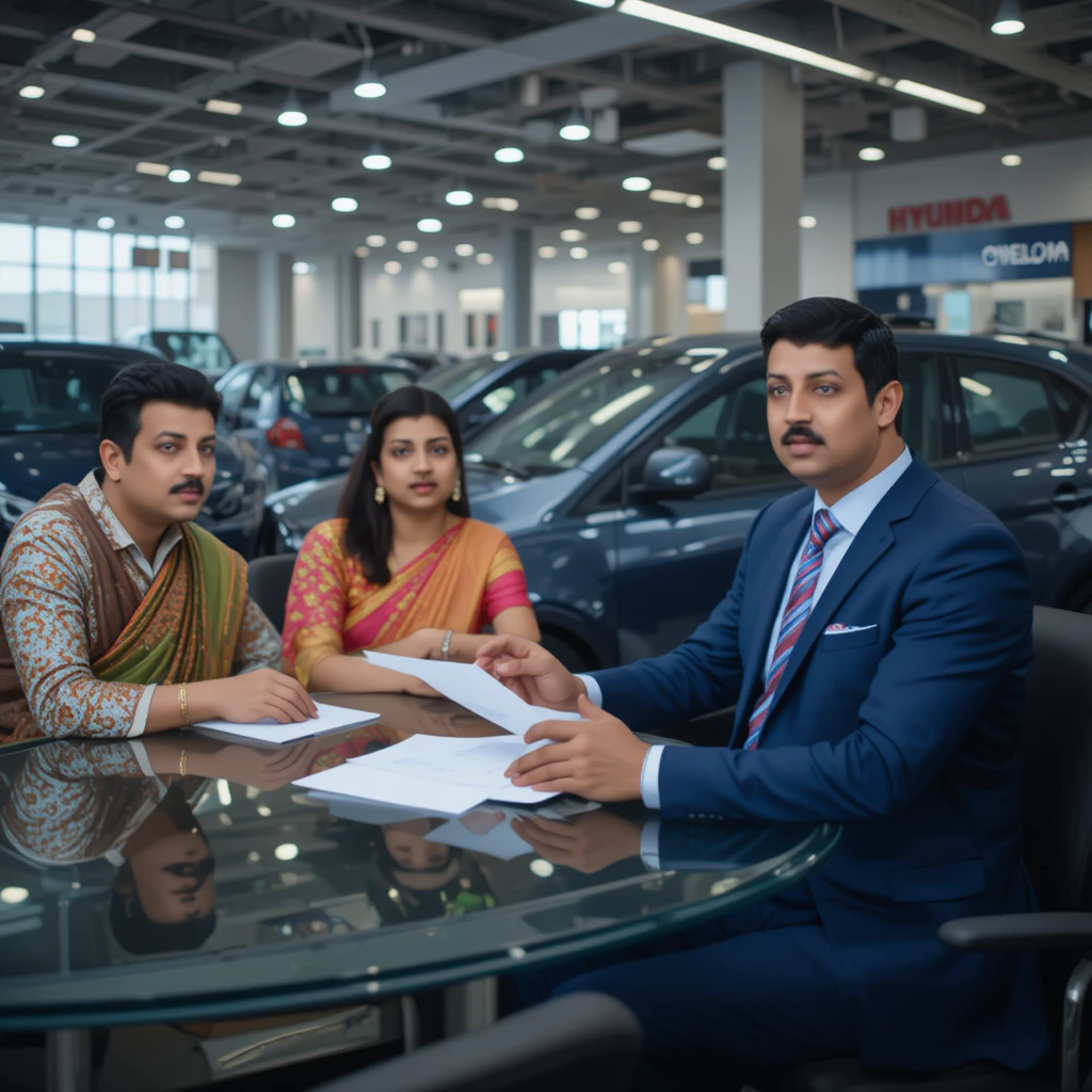 Famiglia che discute un prestito auto con il consulente in un moderno showroom