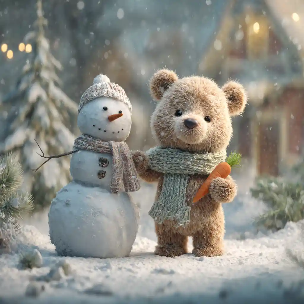 Cute bear cub stealing a snowmans carrot nose
