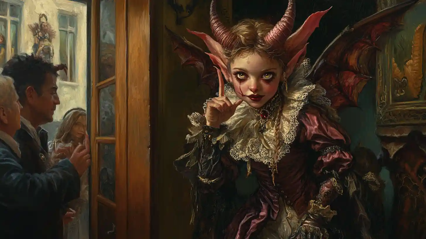 Baroque painting of a tiny impish girl in a house corner