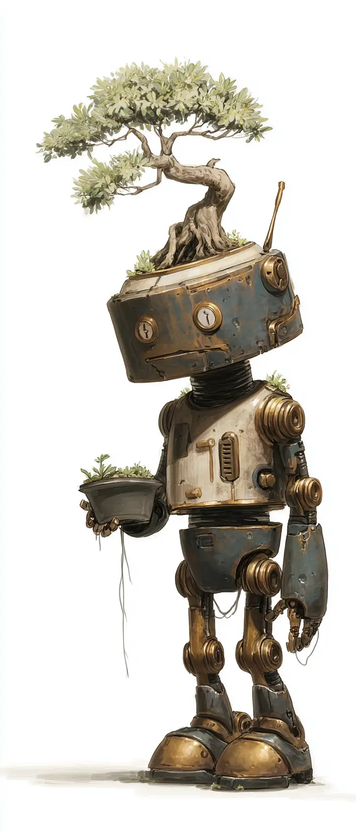 Anxious brass robot caring for a bonsai tree