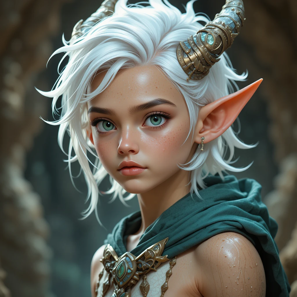Ragazzo fantasy di dodici anni con capelli bianchi e occhi color acqua