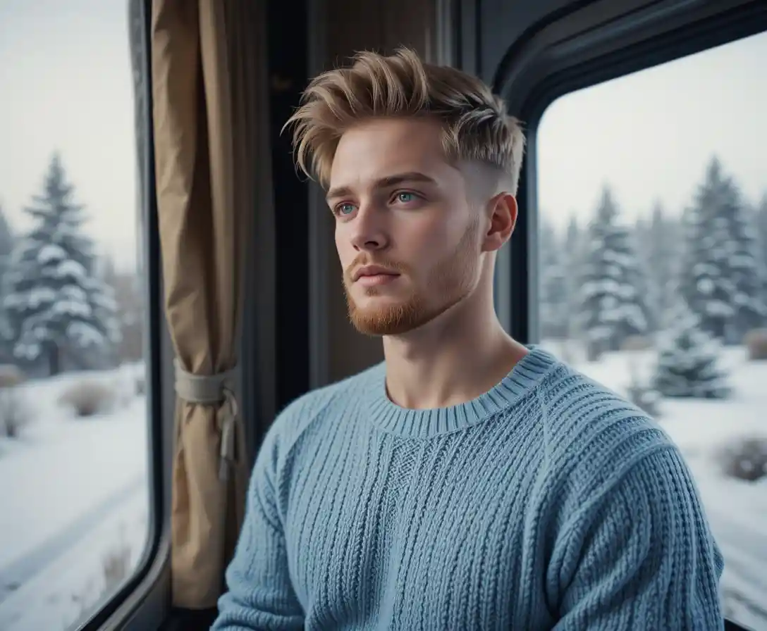 Dreamy blond man by a train window in soft blue sweater