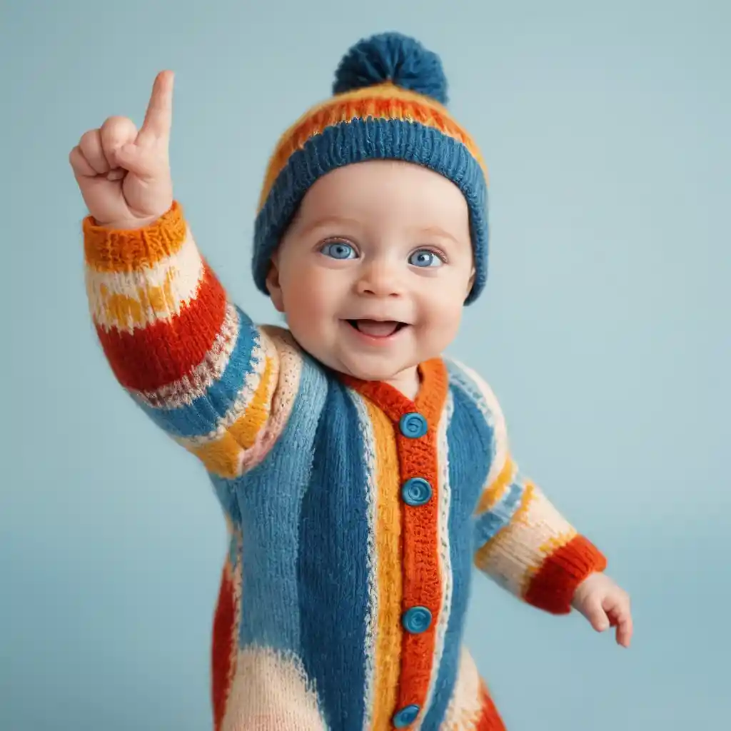 Bébé joyeux en combinaison tricotée colorée pointant vers le haut