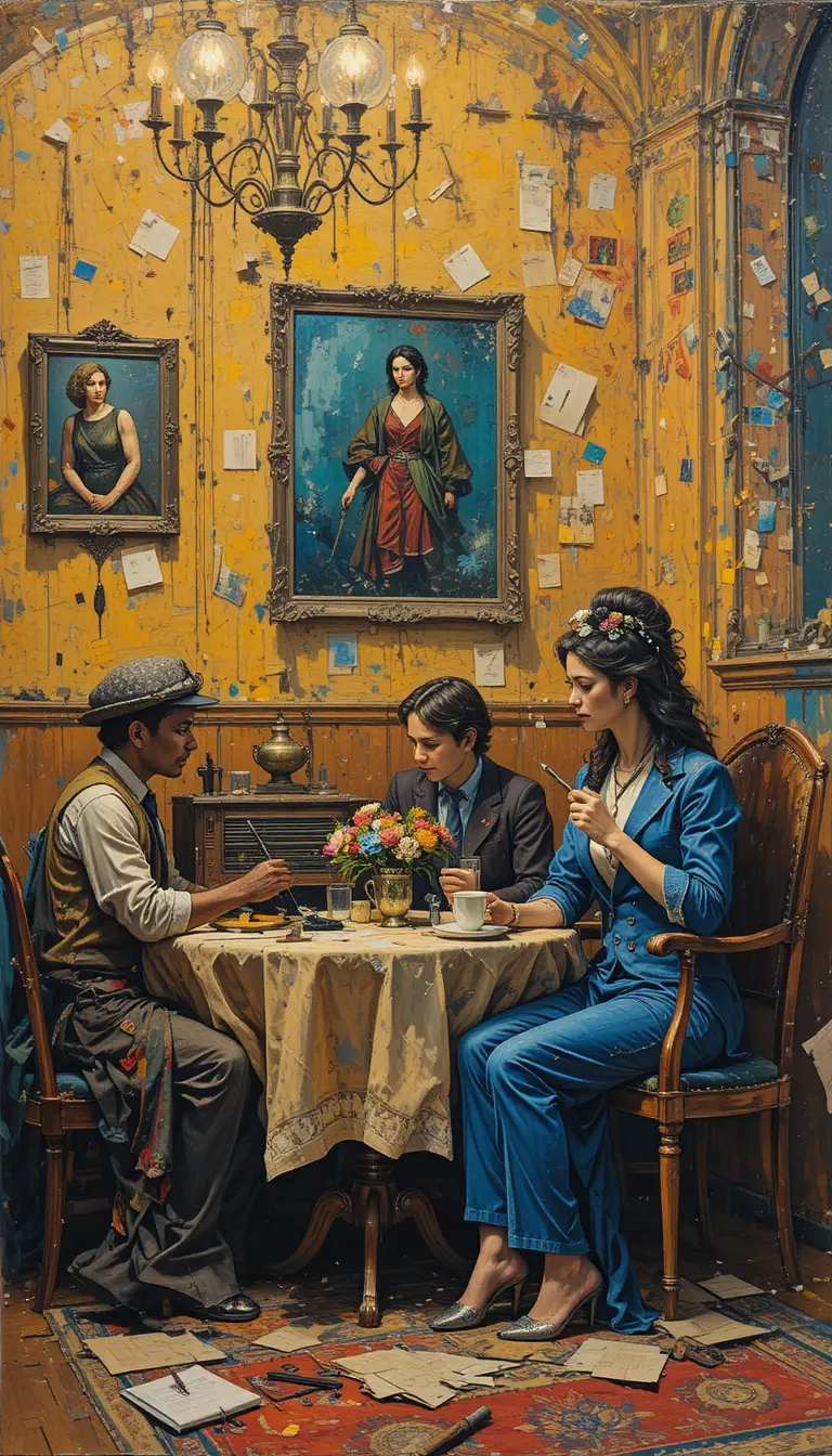 Impasto painting of an old radio playing softly on table