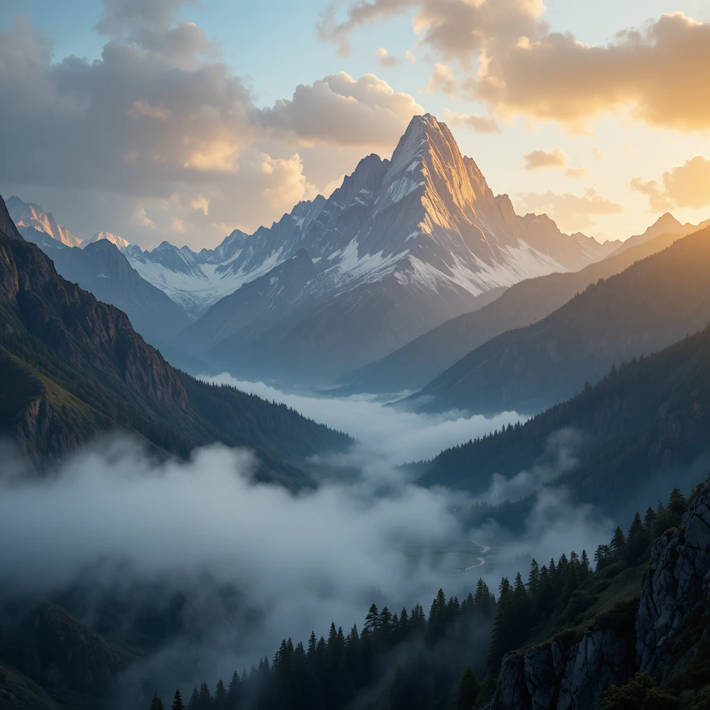 Cinematic mountain landscape at sunrise with golden mist