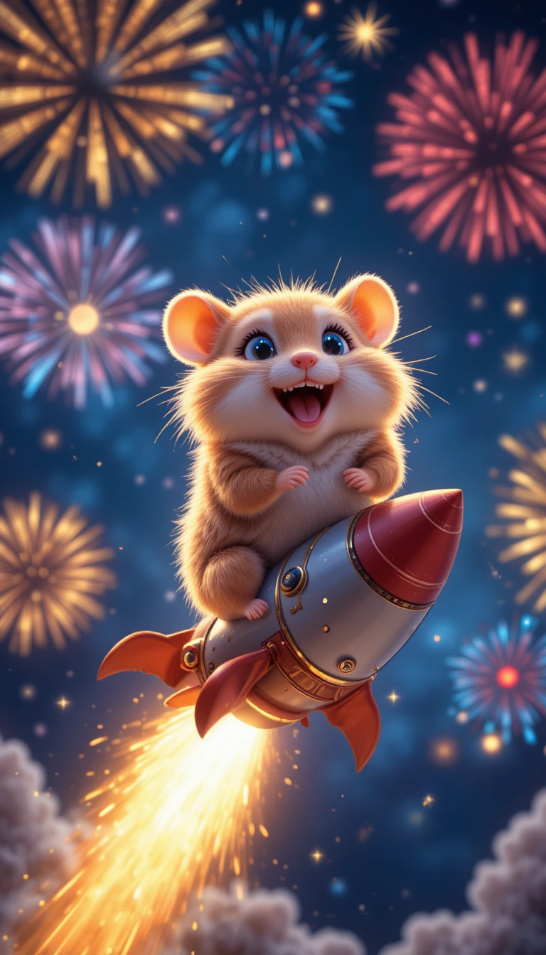 Cute hamster riding a New Year rocket through stars