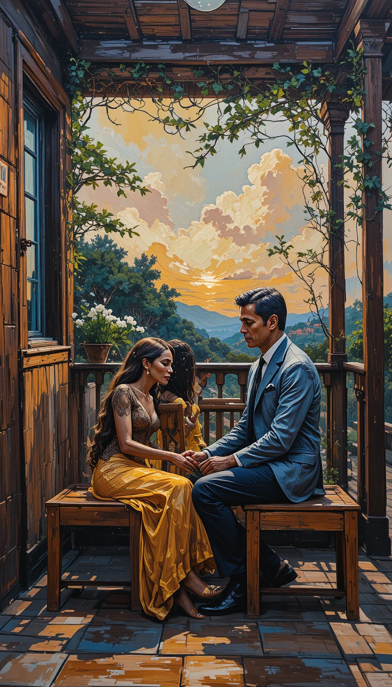Impasto painting of a couple sitting quietly on a wooden porch