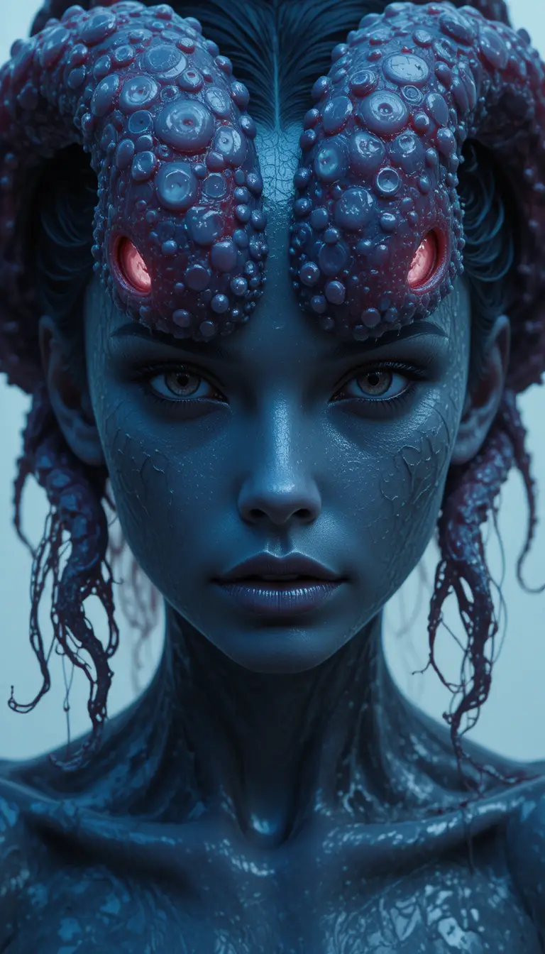 Anime warrior woman with dark octopus tentacles and deep shadows