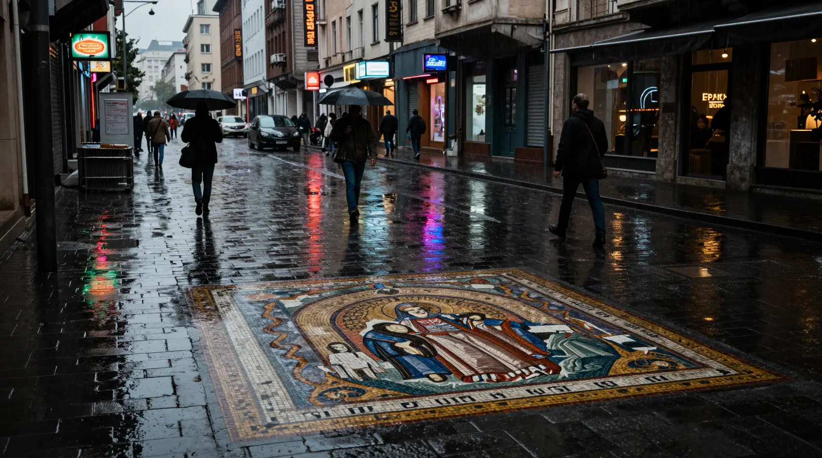 Wet city street reflections in moody cinematic night scene