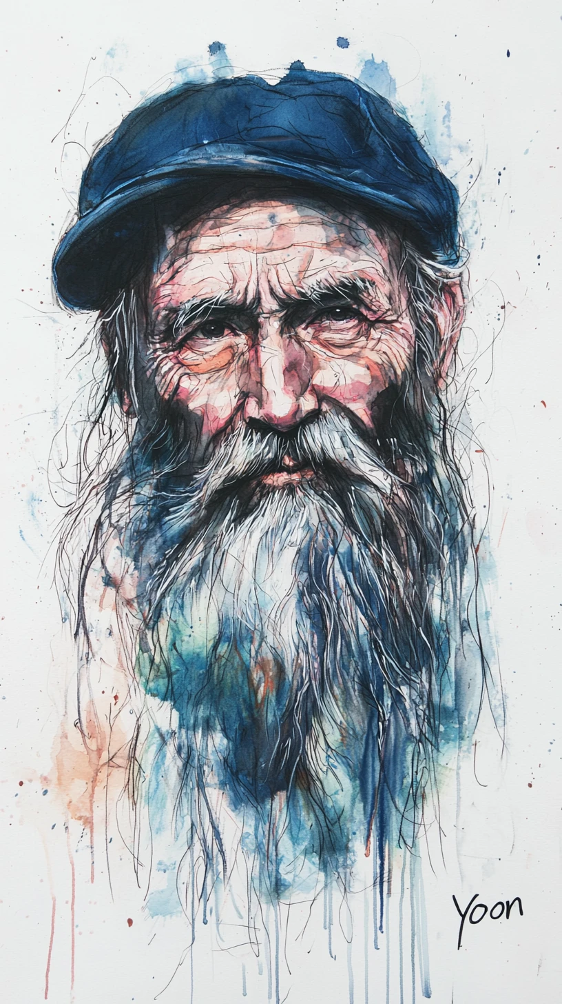 Vieil homme barbu dans un portrait chaotique à l’encre et à l’aquarelle