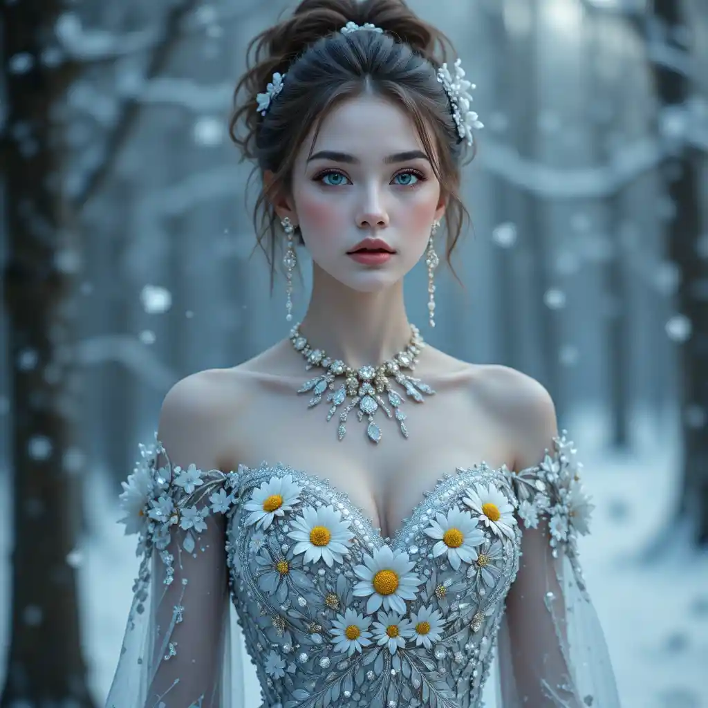 Ethereal winter queen portrait in a frosted floral forest