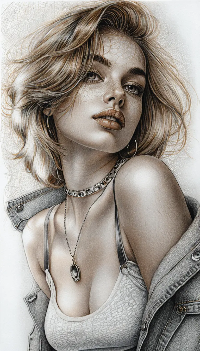 Portrait sensuel au graphite d’une jeune femme en denim et collier ras-du-cou