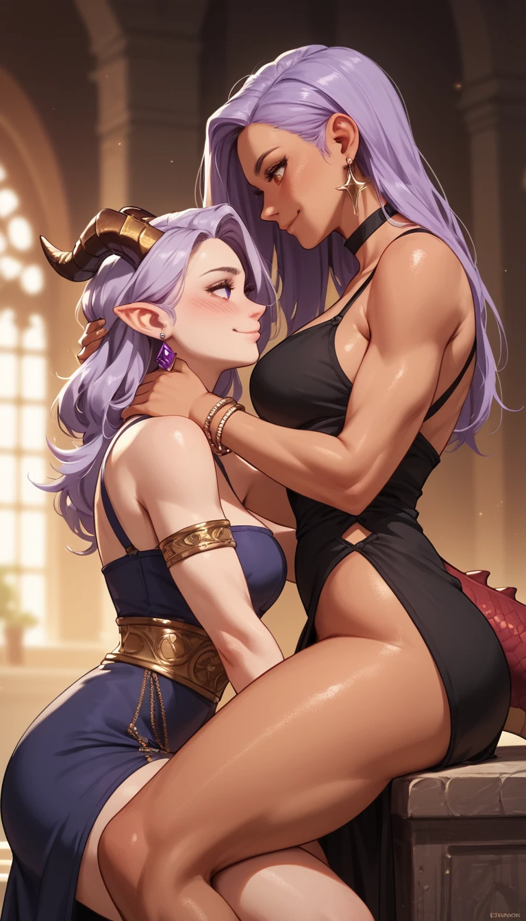 Two anime warrior girls standing close face to face