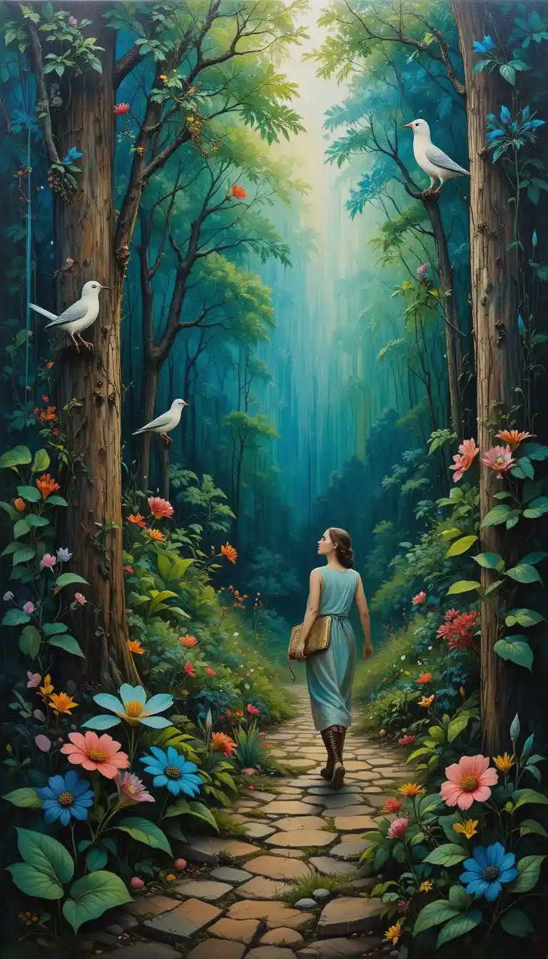 Femme marchant dans une forêt verte dans une peinture en techniques mixtes
