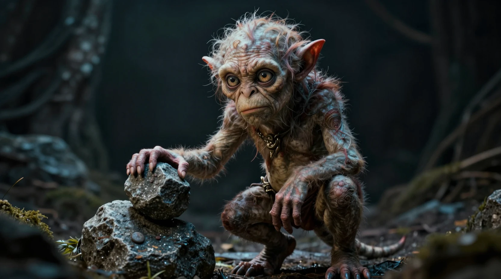Fantasy creature crouched in battle on dark background