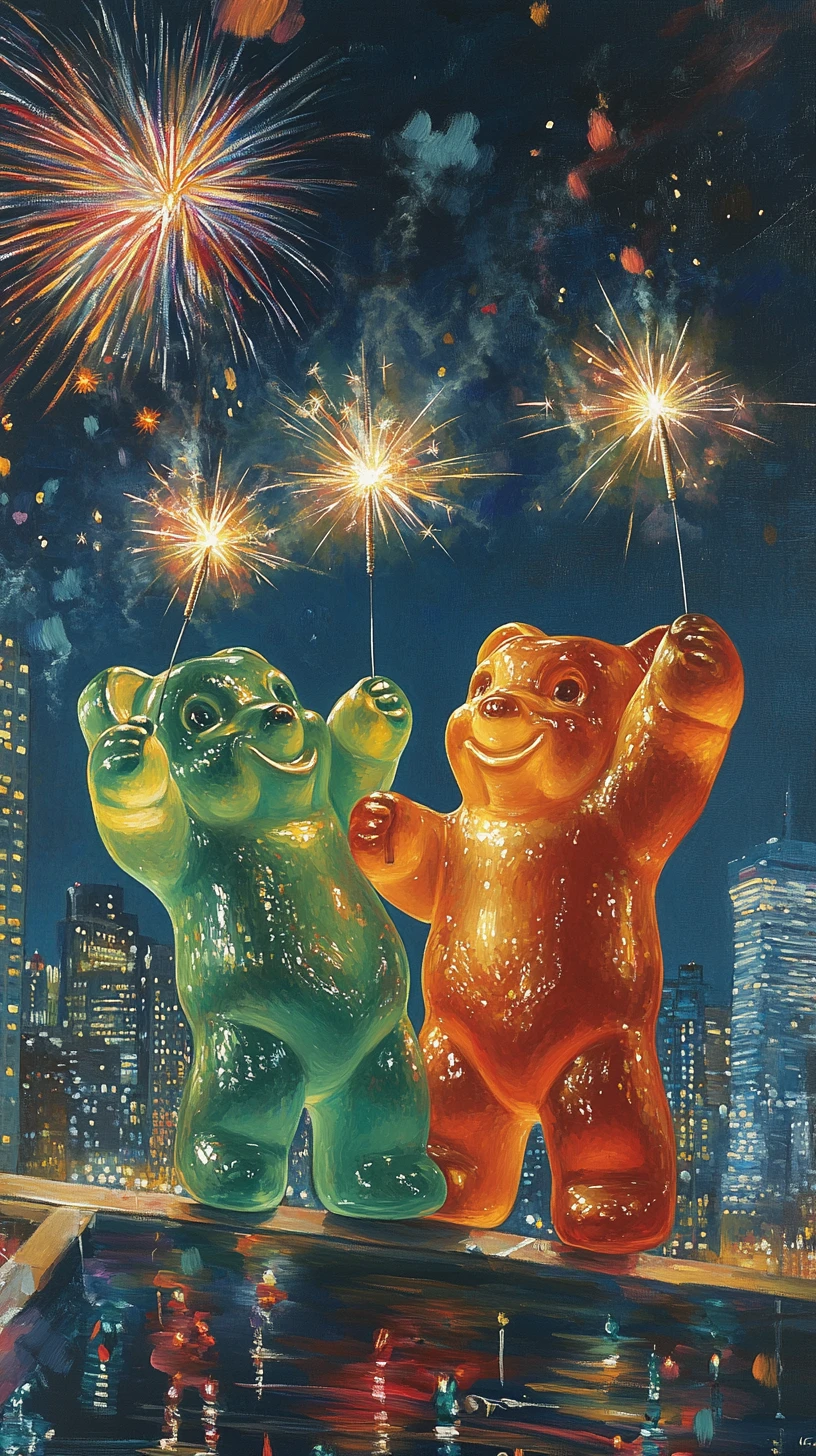 Joyful gummy bears dancing with sparklers in city night