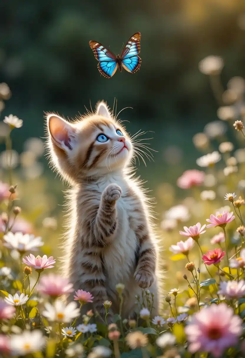 Playful kitten reaching for a butterfly in wildflowers