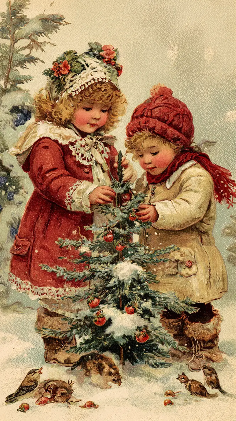 Children Decorating A Snowy Christmas Tree In Winter Forest