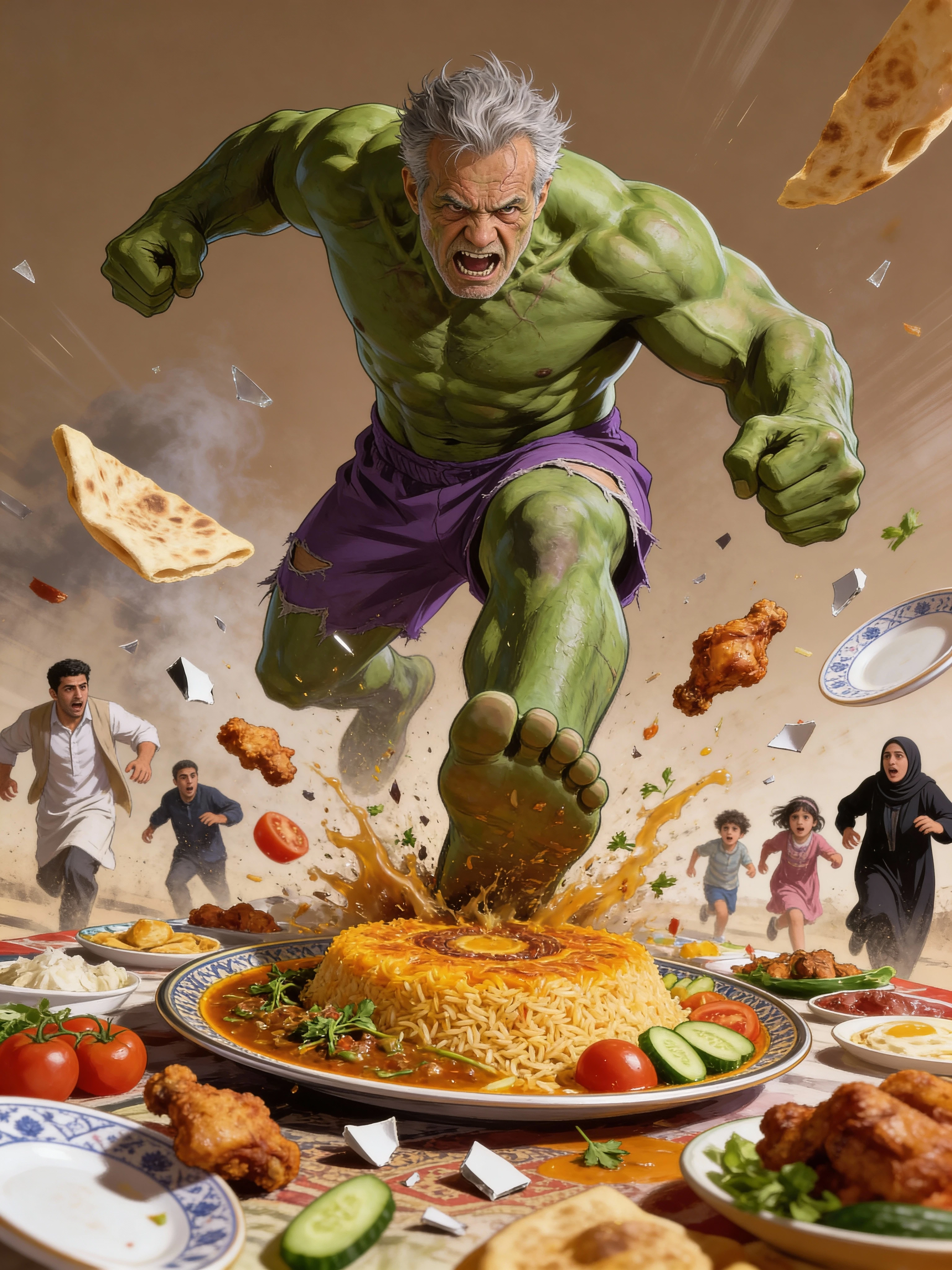 Giant green man stomping an Iranian family picnic