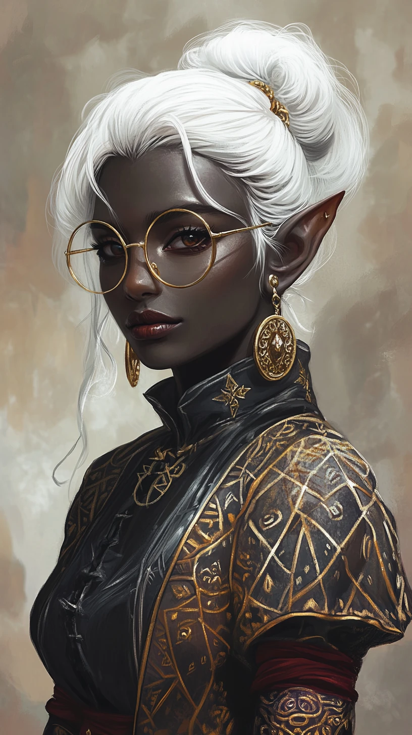 Dark elf woman portrait with gold details and tattoos
