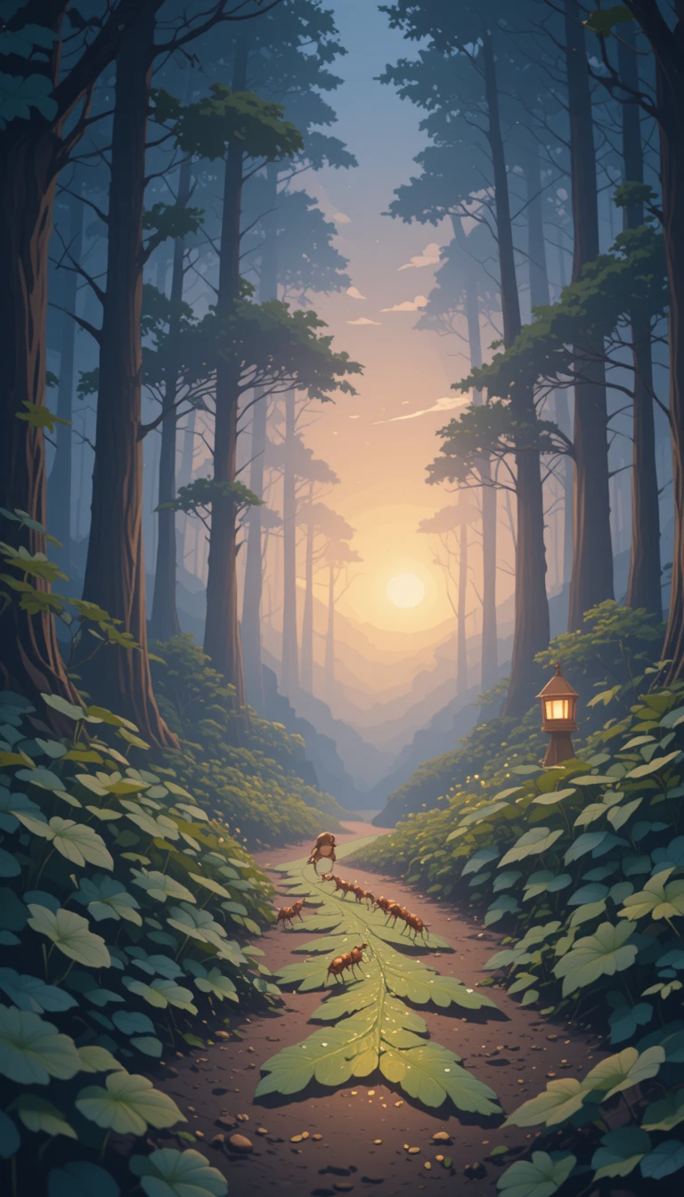 Little girl guided by kind ants in a twilight forest