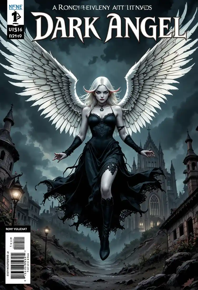 Dark angel flying above a gothic ruined cathedral