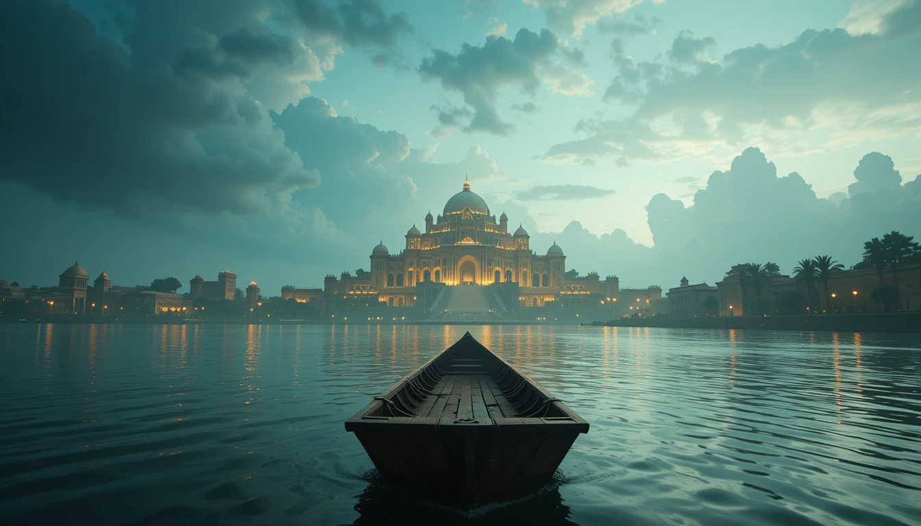 Cinematic river view of an egyptian palace on the nile