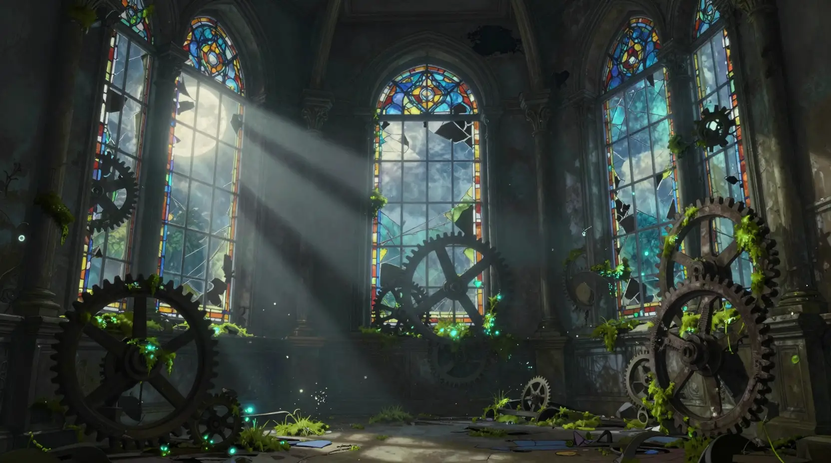 Abandoned clocktower interior glowing in moonlit stained glass