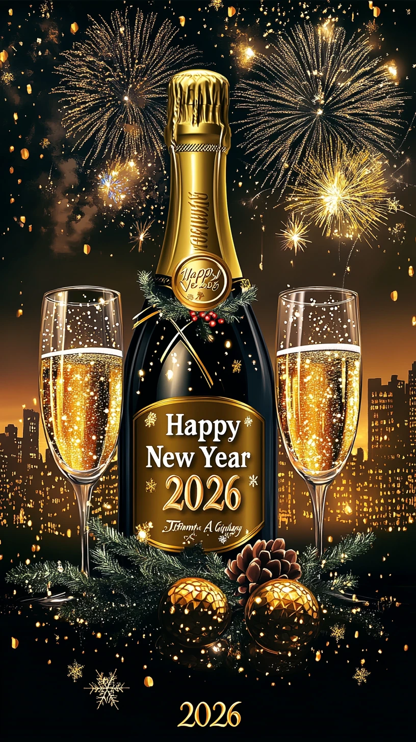 Champagne Bottle With Happy New Year 2026 Label And Glasses