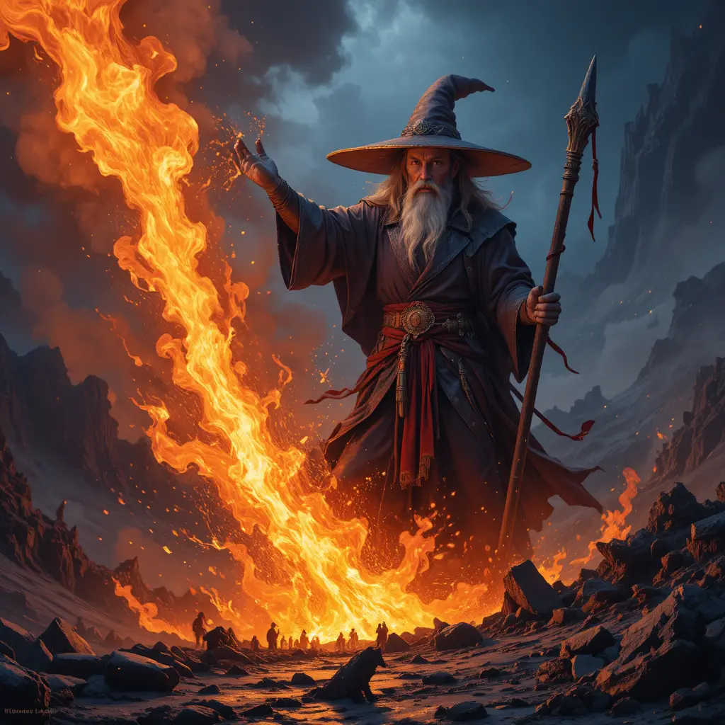 Wizard casting a blazing firebolt before an erupting volcano