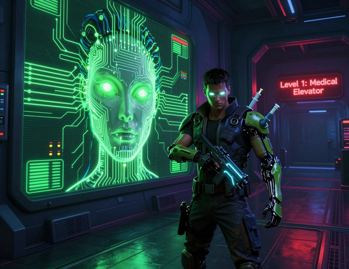 Futuristischer Korridor mit unheilvoller Cyborg-Gesichtsanzeige