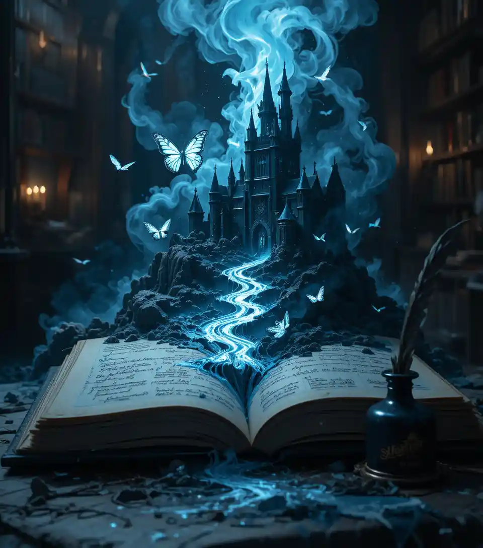 Ancien grimoire libérant un monde fantastique d’encre au clair de lune