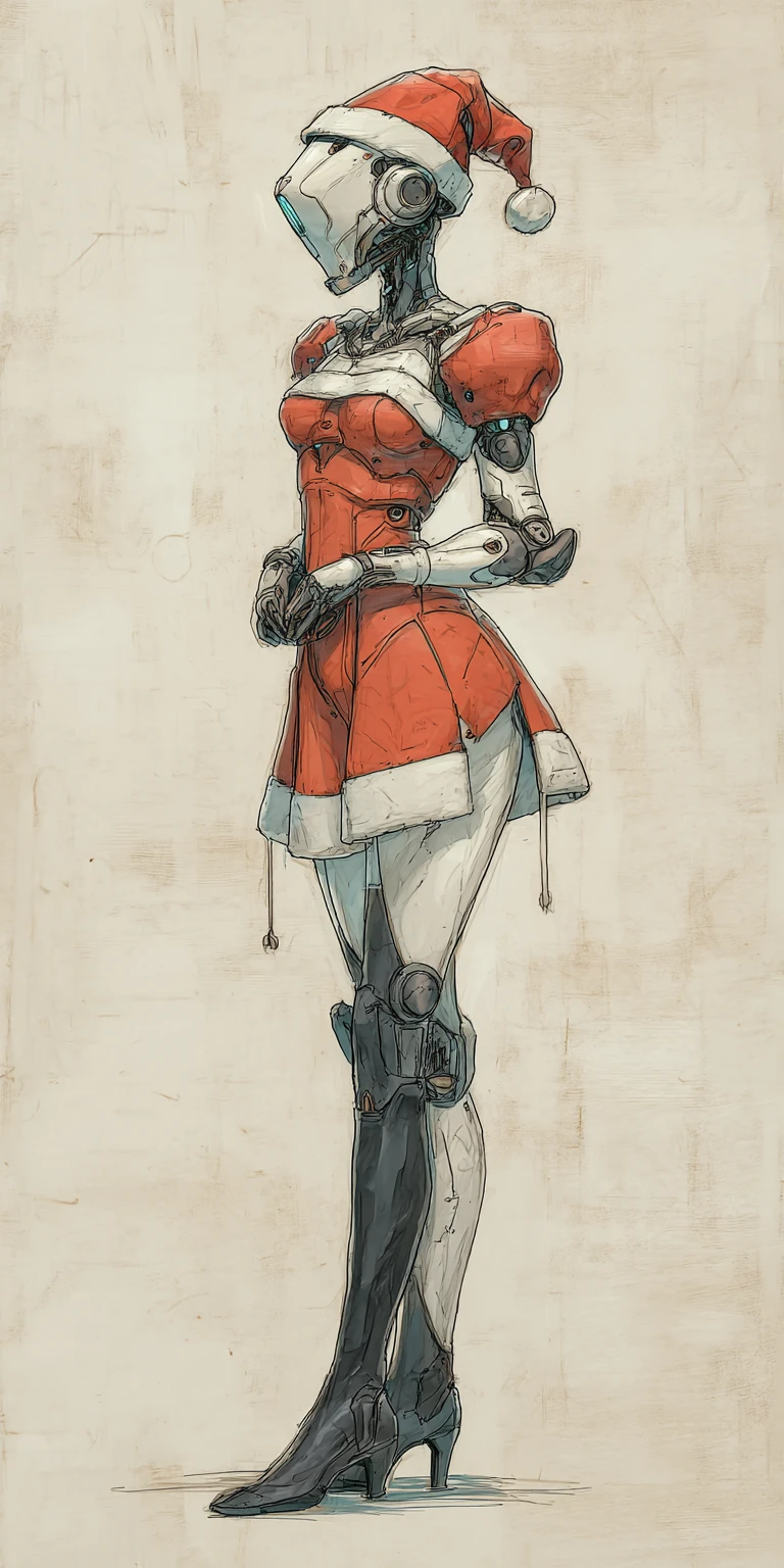 Femme cybernétique en tenue festive de Mère Noël cyberpunk