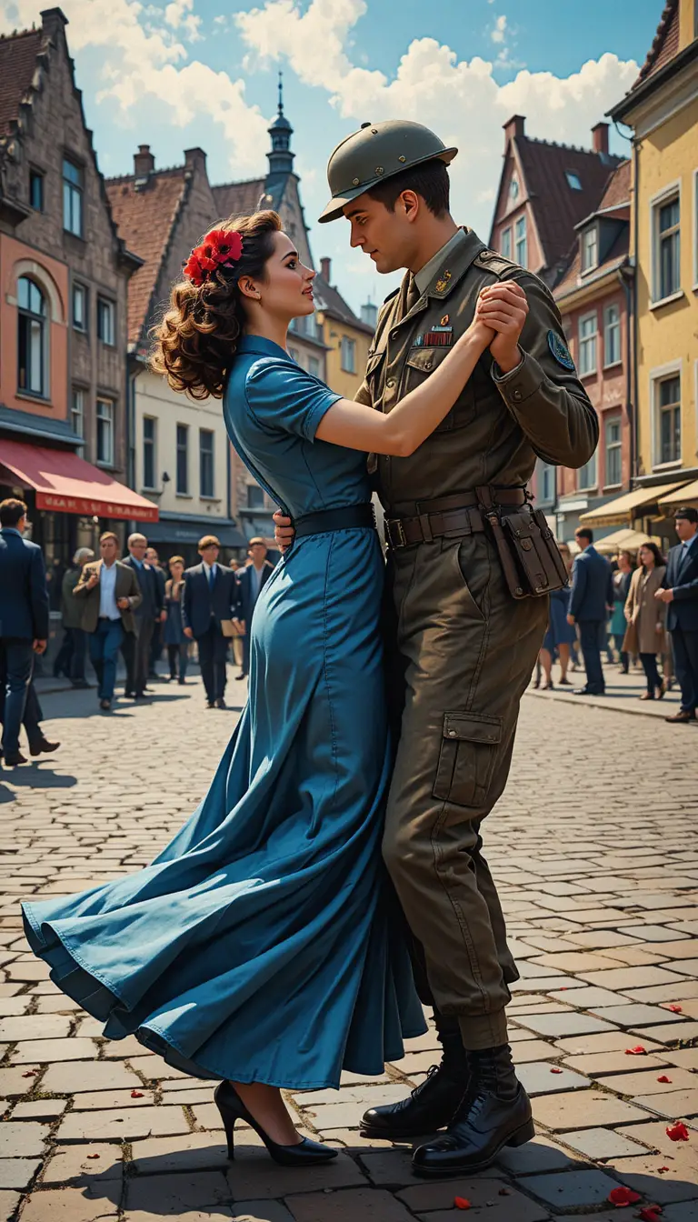 1940s woman dancing with canadian soldier in town square