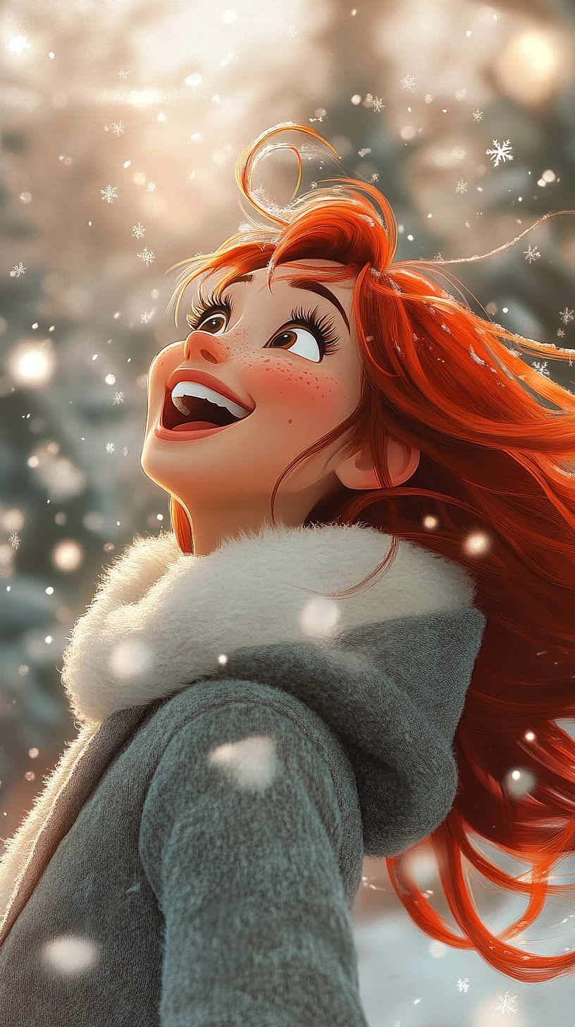 Laughing red haired girl in snow wearing a cozy coat