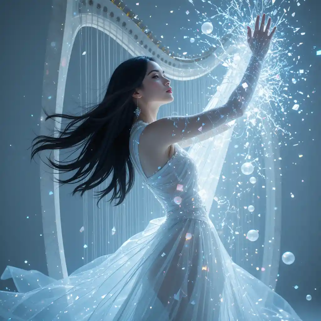 Woman playing a towering light harp in prismatic rainbows