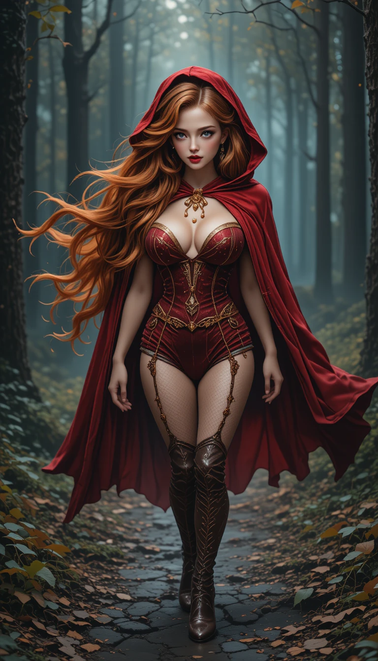 Red hooded woman walking along a dim forest path