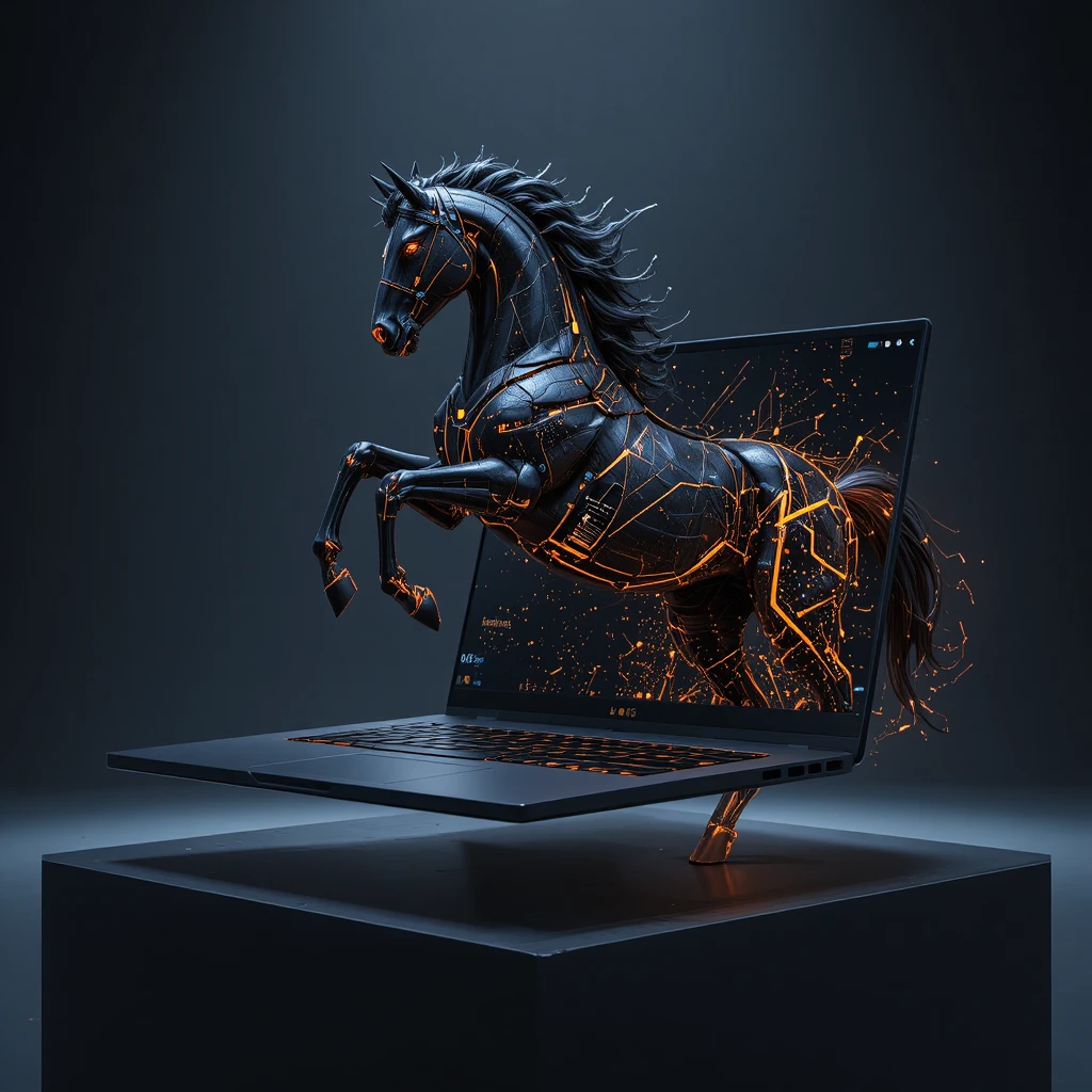 Cybernetic black stallion leaping from futuristic laptop display
