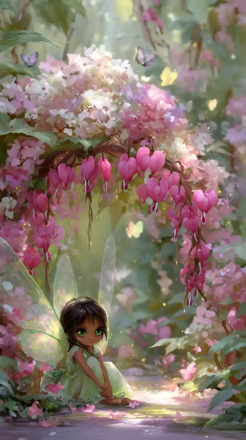 Sad fairy in a pastel magical garden with fireflies