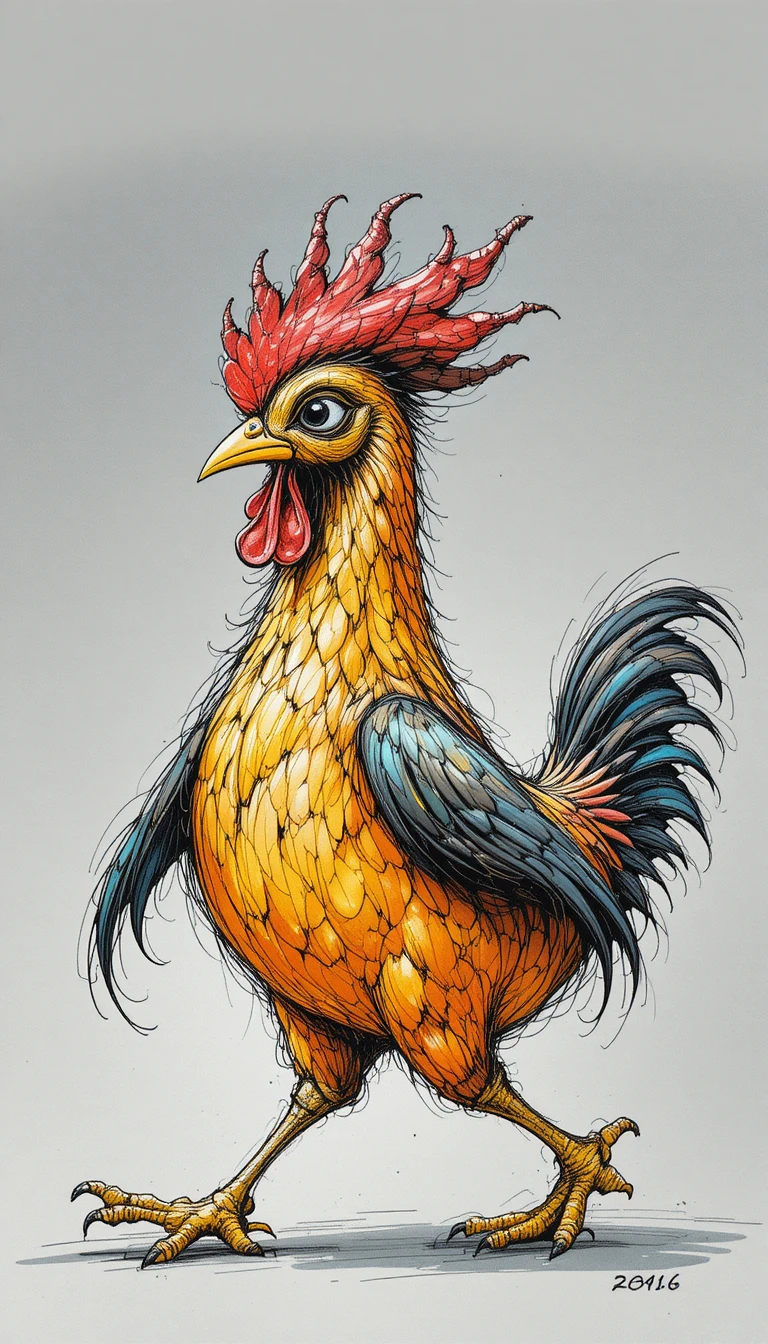 Gallo malinconico che cammina in illustrazione espressiva a inchiostro