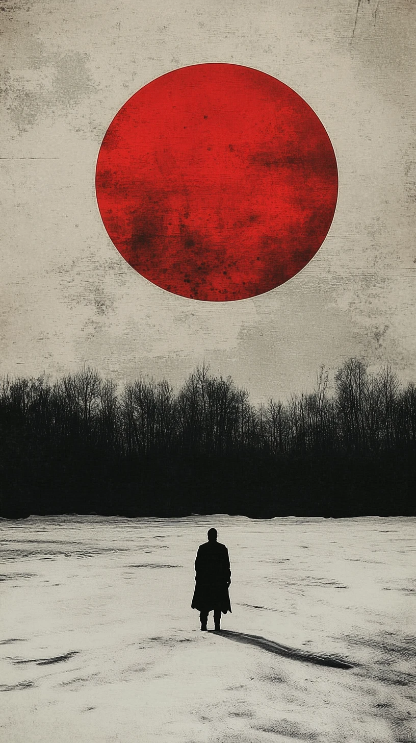 Lone cloaked figure before a colossal crimson sun